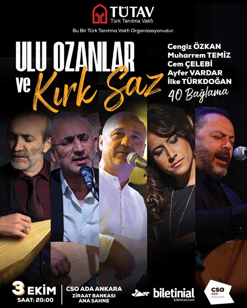 Ulu Ozanlar ve Kırk Saz etkinlik afişi — Cengiz Özkan, Muharrem Temiz, Cem Çelebi, Ayfer Vardar ve İlke Türkdoğan